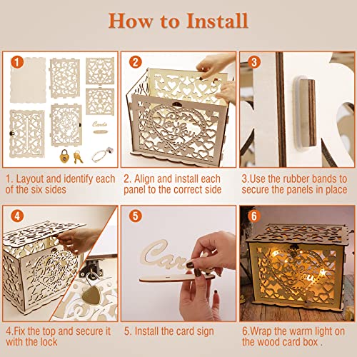 Ngokpyd Wedding Card Box With Slot, Decorative Golden Heart Lock And Fairy Lights, Hollow Wooden Decorations For Reception Baby Bridal Showers Birthday Graduation Party Decor Gifts #TOP5