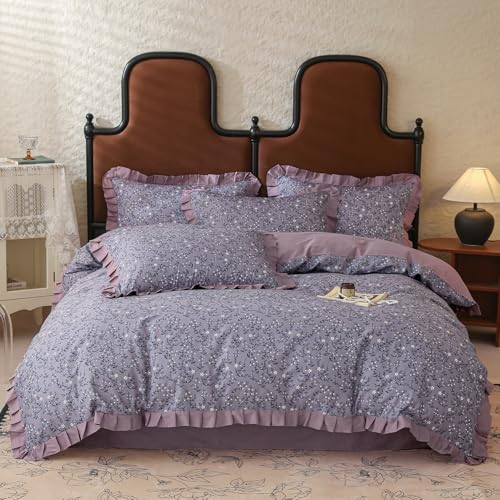 Image of VM VOUGEMARKET White Daisy Flower Duvet Cover Set Queen 100% Cotton Purple Ruffle Comforter Cover 3 Pcs Romantic Princess Bedding Duvet Cover with Zipper Ties 2 Pillow Shams