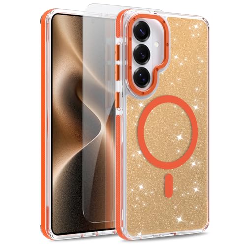 Image of Magnetic Case for Samsung Galaxy S26 Plus [Compatible with Magsafe] [Bling Glitter Fluorescent Design] [1 Screen Protector] Slim Translucent Matte Case for Galaxy S26 Plus 6.7 inch, Orange