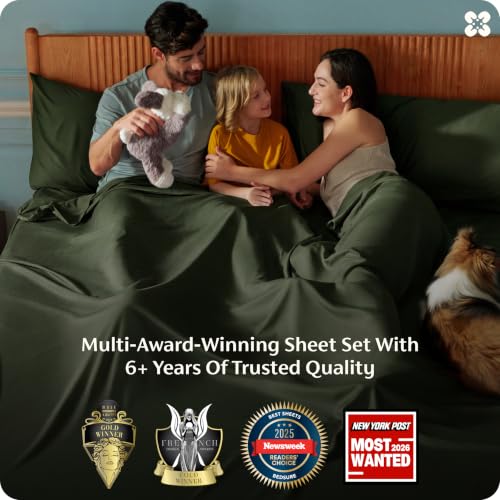 Image of Bedsure King Size Sheets Set, Cooling Sheets for Hot Sleepers, Rayon Derived from Bamboo, PureWoven, Breathable & Soft, Deep Pocket Up to 16 Inches, Hotel Luxury Silky Bedding, Olive Green