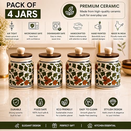 Image of Ceramic Kitchen Jars for Storage | Air Tight Containers with Wooden Lids | Masala, Salt, Pickle, Dry Fruits & Multi Utility Items Organiser Set (Hand-Painted, Green Leaf, 450 ML, Pack of 4)