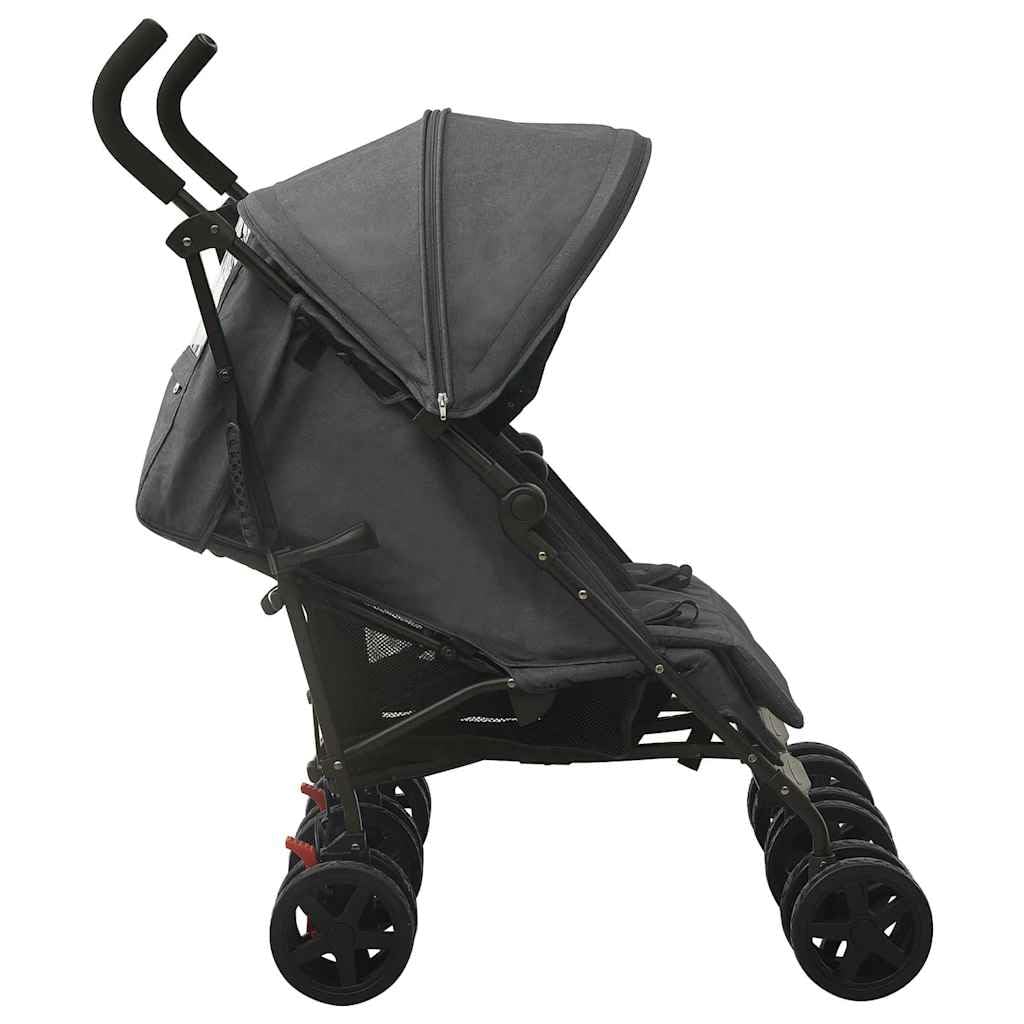 Passeggino gemellare pieghevole per due bambini, in acciaio, con schienale regolabile e poggiapiedi, antracite