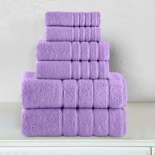 Image of Elegant Comfort 4 Lines Viscose Stripe 6-Piece Premium Towel Set - 100% Turkish Cotton High Absorbent Luxury Bathroom Towels - Includes 2 Washcloths, 2 Hand Towels and 2 Bath Towels Set, Lilac