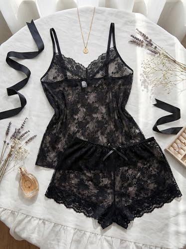 Image of Avidlove Sexy Pajama Set for Women Floral Lace Lingerie Set Sheer Sleepwear See Through Cami Shorts 2 Piece