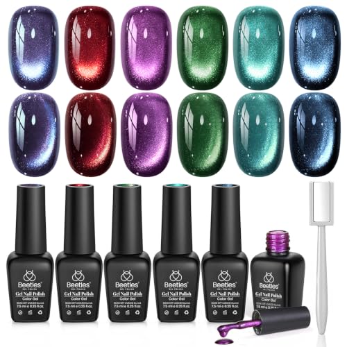 Image of Beetles Cat Eye Gel Nail Polish Set, Galaxy Beam 6 Colors Fall Gel Polish | Glitter Gel Polish Kit Red Blue Green Purple Teal Chameleon Magnetic Shine Soak Off UV Salon DIY Manicure Gifts for Women