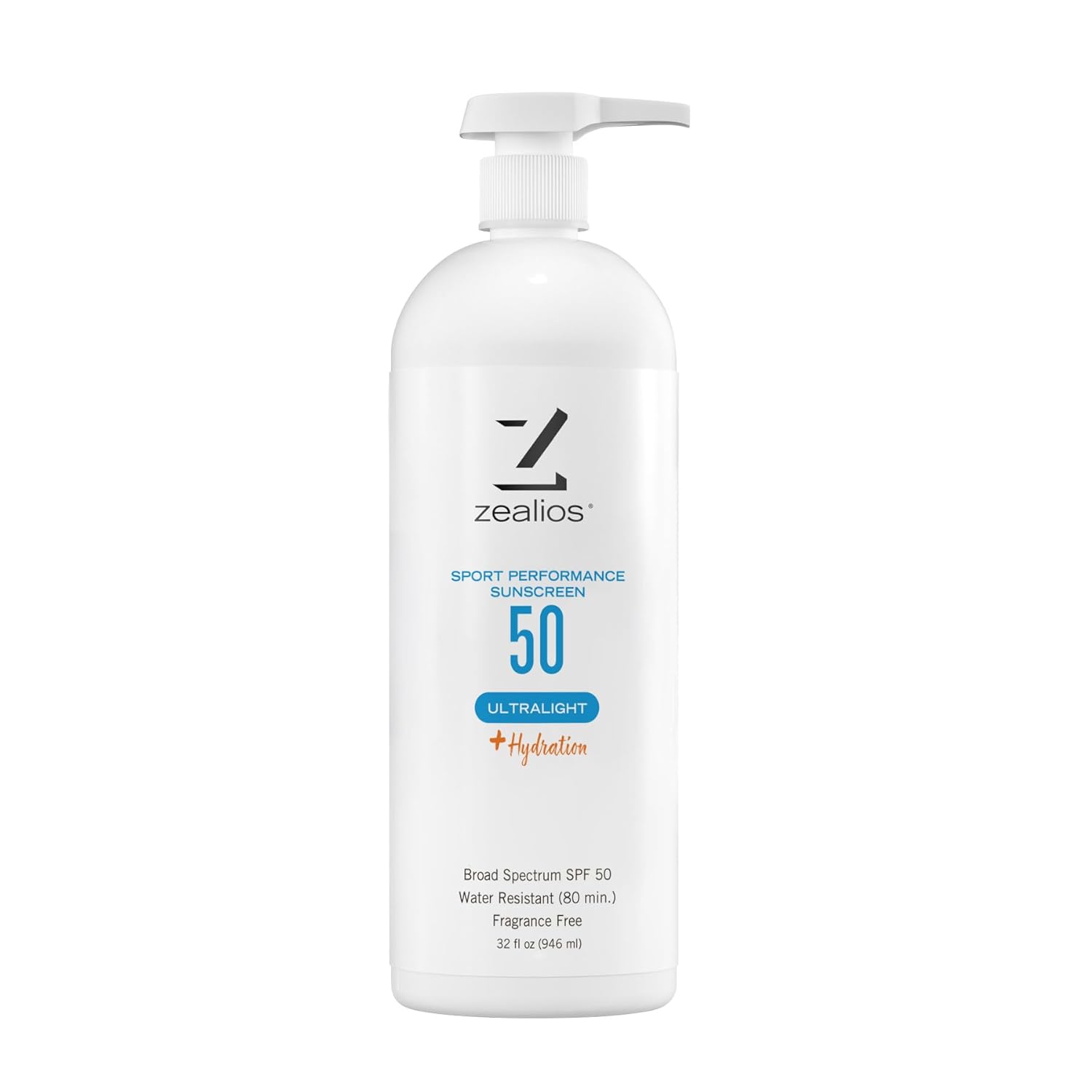 Zealios Sport Performance Ultralight SPF 50 Sunscreen +Hydration, 32 oz Bottle Plus 2 oz Travel Bottle, Broad Spectrum, Water & Sweat Resistant (80 min), Non-Greasy for Swimming, Running & Cycling