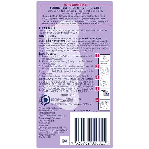Bioré Witch Hazel Ultra Cleansing Pore Strips, Nose Strips, Clears Pores up to 2x More than Original Pore Strips, 6 Ct, features C-Bond Technology, Oil-Free, Non-Comedogenic Use (Packaging May Vary)
