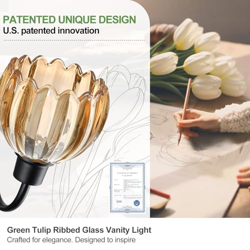 Image of Bathroom Light Fixtures, 3-Light Black Vanity Light with Ribbed Amber Tulip Glass Shades, 20-Inch Bathroom Lighting Over Mirror for Bedroom, Living Room, Hallway (Bulbs Not Included)