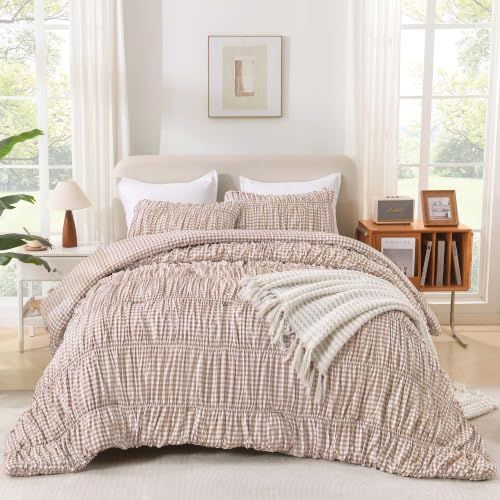 Image of Andency Ruched Gingham Tan King Comforter Set, Boho Ruffle Bedding 3 Pieces | Shabby Chic Bed Set for Girls, Kids, Women, Lightweight Soft Pleatd Comforter, All Season