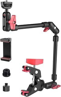 22inch Adjustable Articulating Magic Arm and Super Clamp with 1/4" and 3/8" Thread, Magic Arm Camera Mount with Phone Holder and 3/8" 5/8" Screw Adapters for Microphone, Webcam, LED Light
