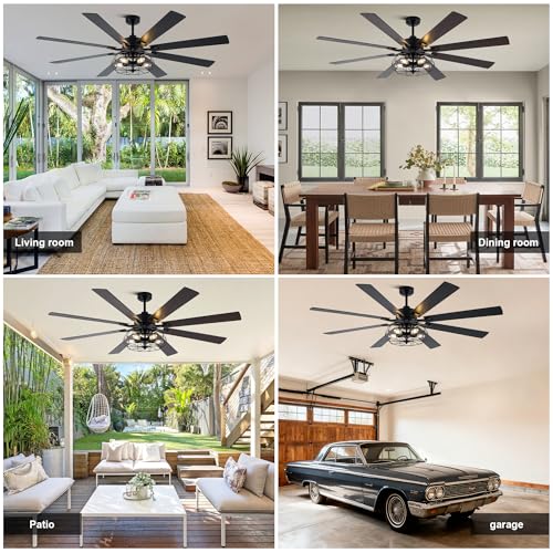 Image of 72 inch Farmhouse Ceiling Fan with Lights Remote, Rustic Ceiling Fan | Black Caged Fandelier, Large Industrial Chandelier Light for Living Room Indoor Covered Outdoor, 5 E26 Bulbs (Not Included)