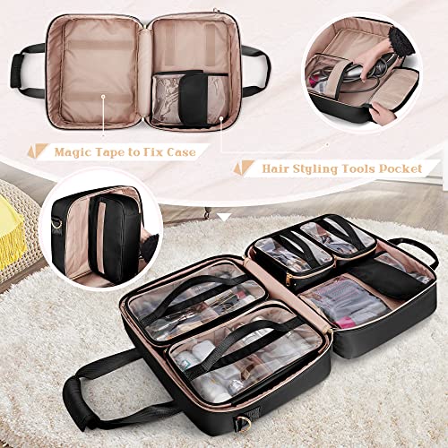 Professional Makeup Artist Travel Case with 4 Detachable Cosmetic Bags, Large Make up Organizer Bag with Makeup Kit Storage Section and Hair Tools Pocket, Black (Empty Bag Only)3