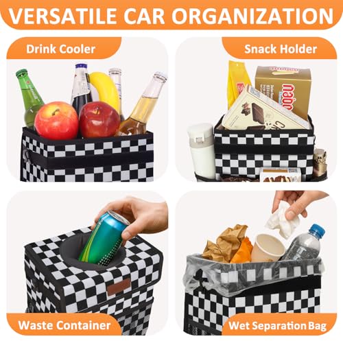 Image of Vankor Car Trash Can Bin with Lid Hanging for Back Seat, Car Accessories for Women Men Leak Proof Automotive Garbage Cans Leakproof Vehicle Trash Can for Truck SUV,Black White Checkered