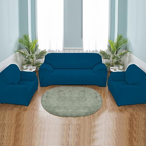 Image of LAZI Sofa Cover 3+1+1 Seater Airforce Blue Big Spandex Non-Slip Elastic Stretchable 3 Seater and 2 Seater Fully Covered 5 Seater Sofa Cover Protector for Sofa Stretchable slipcovers