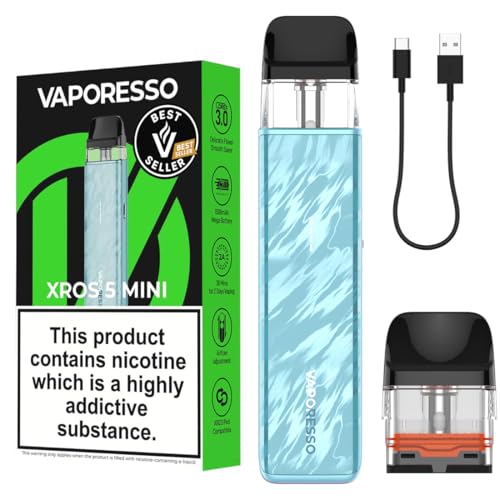 Vaporesso Xros 5 mini Vape Kit - (Flowing Blue) 1500mAh Rechargeable Battery 2A Fast Charging [10 Colours] LED Lights Refillable vape Kit Compatible With Xros Pods No Nicotine