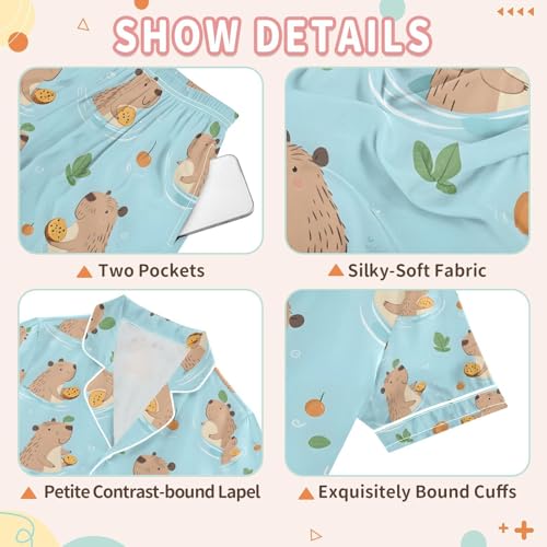 senya Cute Capybaras Swimming Q Satin Summer Pajama Sets Silk Short Sleeve Button Down Sleepwear3