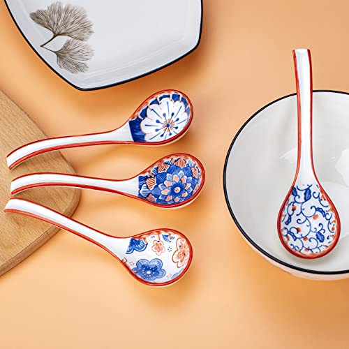 Asian Ceramic Soup Spoons Japanese - Soup Spoons With Long Curved Handle For Ramen Noodles,Dumpling,Rice(4 Pcs) #TOP4