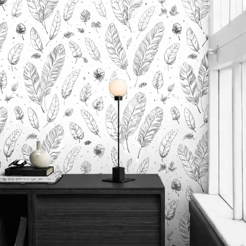 Image of Veki Luxury Floral & Botanical Geometric Wallpaper Mural - Waterproof, Moisture-Proof, Self-Adhesive PVC Wall Sticker for Home & Hotel Decoration (45cm x 300cm) (Black Feather)