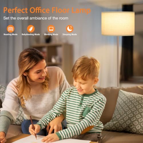 Image of Ambimall Floor Lamps for Living Room with Remote Control and Stepless Dimmable Colors Temperature & Brightness, 9W Bulb Included(Beige Lampshade & Brown Pole)