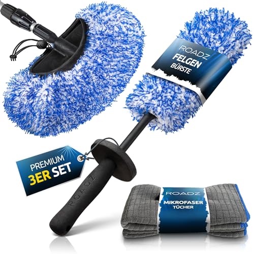 ROADZ Premium 3in1 Reinigungsset Auto - mit Felgenbürste & Waschbürstenüberzug für maximale Ergebnisse - super saugfähig & extra weich - 2 extra Mikrofasertücher - Waschset - Brushcover Car Wash Set