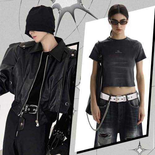 2 Pcs Black Studded Belt, Y2K Belt Goth EMO Punk Rock with Bright Pyramid Studded Rivet for Women Men (White Black)2