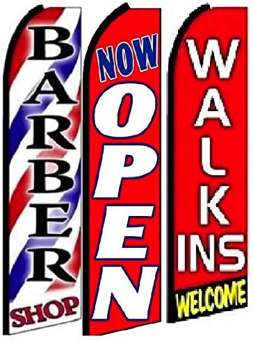 Barber Shop, Now Open, Welcome Walk In Welcome Swooper Flags -3 Pack | 3ft. x 11.5ft Heavy Duty Flags Advertising Sign | Weatherproof Walk Ins Welcome Sign Barber Business (Hardware not included)