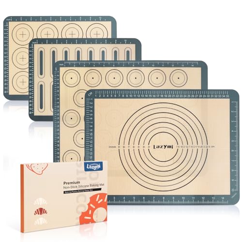 4 Piece Set Silicone NonStick Baking Mats Sheet with Measurement-Resuable Non-Slip Tray Liners, Pastry/Macaron/Cake/Cookie/Bread Making, Fit for Table Mat Counter Mat (Grey)