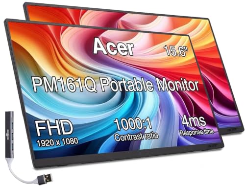 Image of Acer PM161Q 15.6 inch Portable USB-C IPS Monitor with Tiltable Stand 2 Pack | 4ms Response Time, Anti-Glare, 250 nits, Built-in Speakers, Mini HDMI & Dockztorm USB Port Expander, Black Color