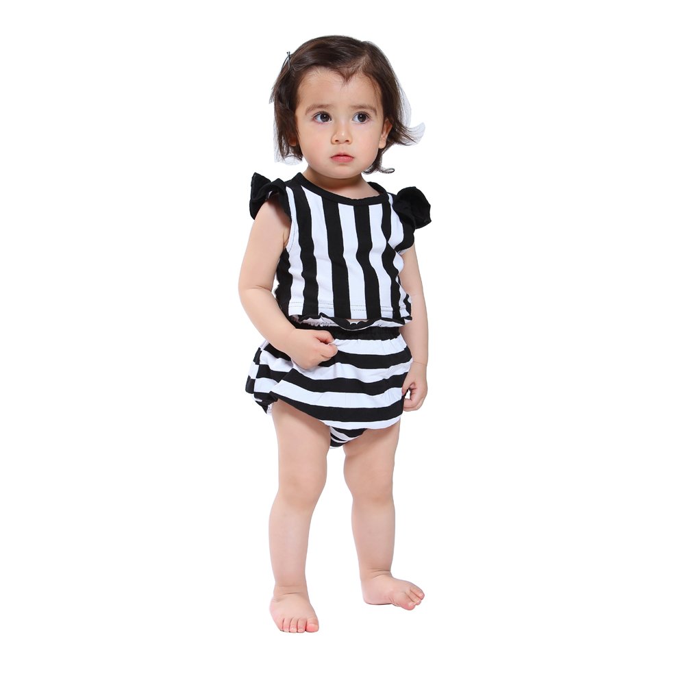 Ding-dong Baby Girls Summer Striped Sleeveless Tops+ Underwear Outfit Sets (12-18M) Black