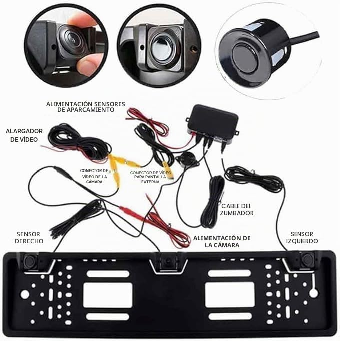 SQUADO Soporte de matrícula con cámara trasera y 2 sensores de aparcamiento para coche europeo, marcha atrás, soporte de matrícula con cámara y sensor, alarma sonora