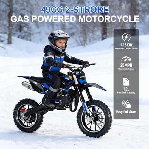 Image of Kids Dirt Bike, 50cc / Gas Powered Dirt Bike for Kids 8-14, 2-Stroke Mini Dirt Bike, Pull Start Off-Road Motorcycle, 10-Inch Tires, Disc Brakes, 25 MPH, 330 lb Max Load