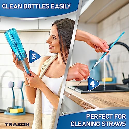 Image of Dish Brush Set of 5 with Convenient Holder, Bottle Water Brush, Dish Scrub Brush, Scrubber Brush and Straw Brush - Kitchen Scrub Brushes Non Slip Long Handle for Sink Dishes Cup Pot
