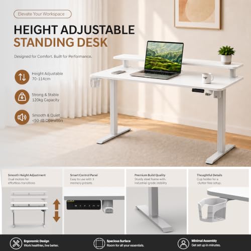 Image of Dr Luxur Zenith Momentum Electric Standing Desk 140 x 60cm | Monitor Riser | One-Piece 15mm Tabletop | Adjustable 70-114cm | 3 Memory Presets | BIS Certified | Child Lock | 5 Year Warranty (Rust)