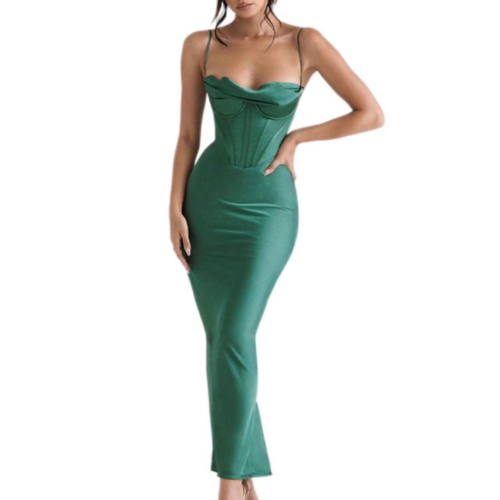 Weiting Women's Green Satin Sexy Backless Maxi Dress For Robe Fashion Spaghetti Strap Sleeveless Skinny Party Long Dress Vestido-,Xs