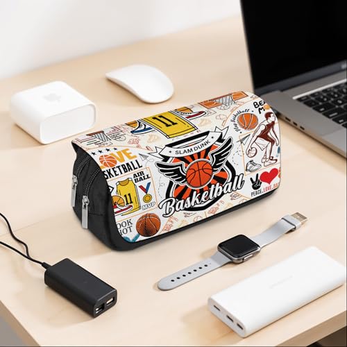 Image of Basketball Pencil Case for Boys & Girls - Sports Themed Pouch with Hoop & Ball Design, Large Capacity Zippered Pen Bag, Flip Top School Supplies for Students, Back to School Stationery Organizer