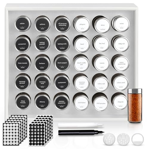 BOURBON & BARREL Wooden Spice Rack Organizer with Glass Jars | Stainless Steel Lids | Bamboo Countertop Spice Organization | 350 Waterproof Spice Labels | 2 Chalk Markers | 30 4oz Jars [White]