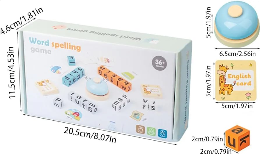 Image of Kiddie Galaxia Wooden Alphabet Spelling Game Montessori Learning Toy for Kids Educational Game for Word Building, Spelling & Early Aducation Toy 3+ Years 20 Letter Cubes 64 Flashcards 1 Bell