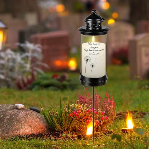 Nezyo Grablaterne mit Erdspieß Grablaterne Friedhof Wetterfest 49,5 cm Laterne auf Stab mit 2 was Man im Herzen Trägt Man Nicht Verlieren Aufkleber Grabschmuck Grablampe Modern für Grab Deko