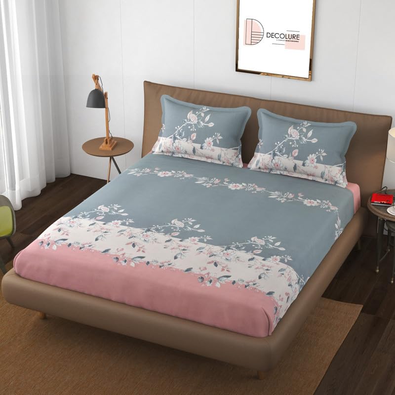 Image of Decolure 300 TC Glace Cotton Elastic Fitted Printed Bedsheets with 2 Pillow Covers King Bed with All Around Elastic Supersoft Size-72x78 Inch, Grey