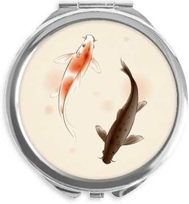 Traditional Chinese Japanese Lucky Fish Hand Compact Mirror Round Portable Pocket Glass
