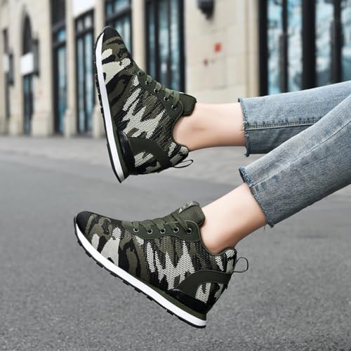 Image of ESXGED Women's Fashion Camouflage Platform Canvas Sneakers Girl's Invisible Wedges Increase Heel Mesh-Cloth Casual Shoes