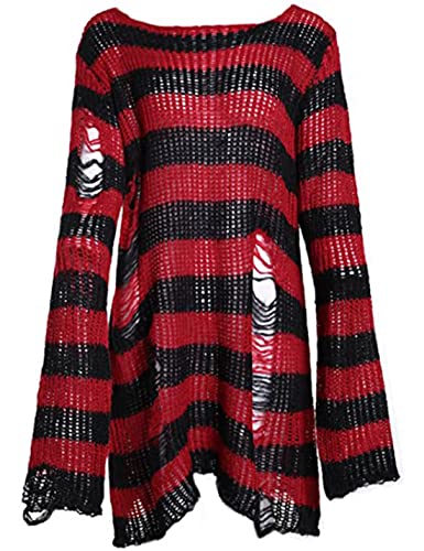 Peaceglad Womens Oversized Goth Punk Ripped Striped Long Sleeve Pullover Sweater Dress Tops(Red1,One Size)