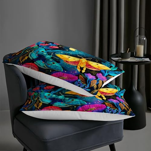 Image of AILONEN Full Neon Moth Comforter Set, Colorful Butterfly Mushroom Bedding, Botanical Night Garden Decor, Lightweight Microfiber Teens Gamer Cool Loft
