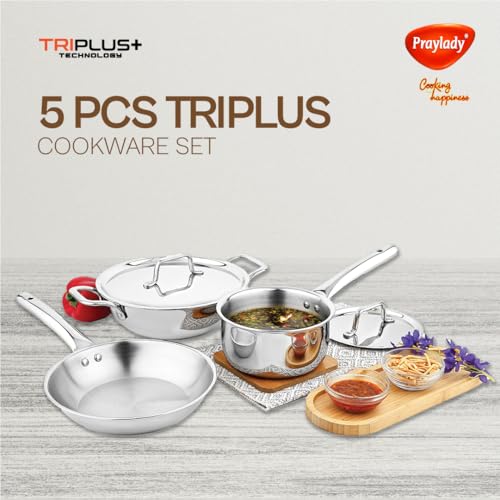 Image of Praylady TRIPLUS 5-Piece Triply Cookware Set | 24cm Kadai+24cm Lid+22cm Frypan+16cm Saucepan+16cm Lid | Triple-Layered Stainless Steel-Aluminum | Induction & Gas Compatible