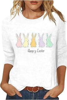 2026 Easter Shirts for Women Funny Bunny Egg Graphic Tees Cute Festival Outfits 3/4 Sleeve Tops Cotton T-Shirt Gifts
