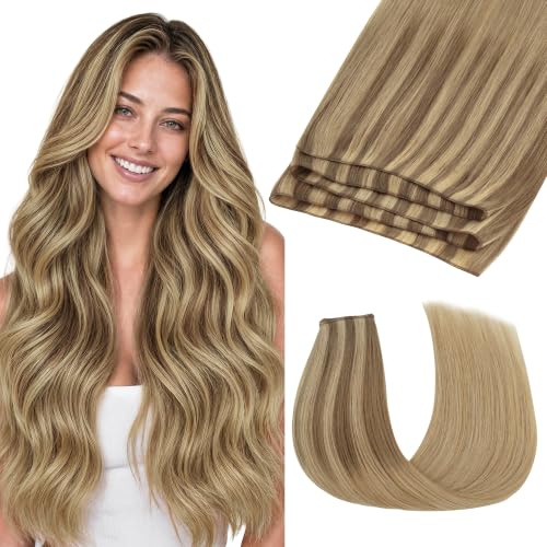 Image of GOO GOO Genius Weft Hair Extensions Human Hair, Sew In Extensions Rooted Remy Weft, #12A /18H Ash Beige Blonde Blend 20 Inch 60g, Natural Hand Tied Straight Silky
