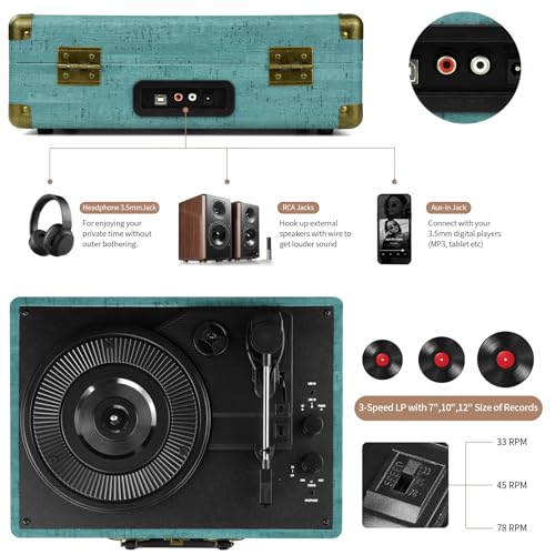 Image of Vinyl Record Player 3-Speed Bluetooth Suitcase Portable Belt-Driven Turntable,Record Player with Speakers Supports Bluetooth, RCA Output, 3.5mm aux-in and Headphone Jack