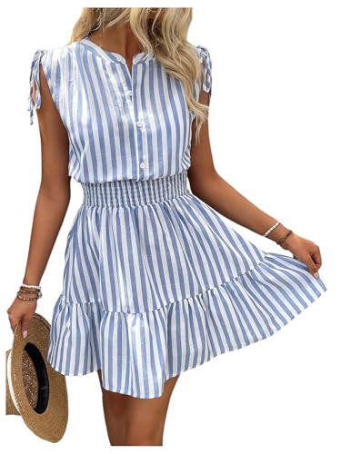 Floerns Women's Striped Sleeveless Tank Dress Button Front Ruffle Hem A Line Dresses Blue Medium