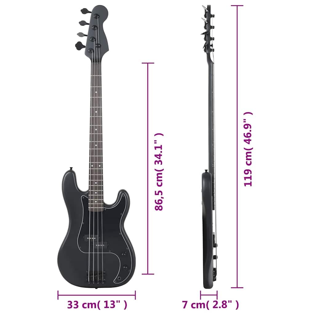 Bas elektryczny dla początkujących, czarny 4/4 46 cala z torbą, gitara basowa z litego drewna, stroik, kostka, kabel audio, pasek do noszenia do lekcji, ćwiczeń, studia, zespołu i występów