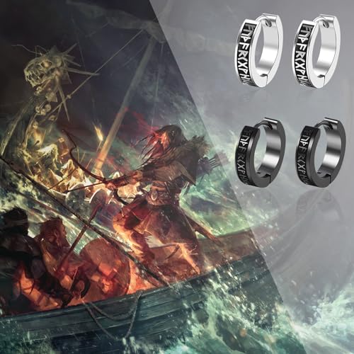 Aroncent Viking Runes Hoop Earrings: 2 Pairs Sturdy Stainless Steel Norse Viking Small Huggie Earrings Amulet Punk Jewelry Gift for Men Women by Aroncent - Image 6